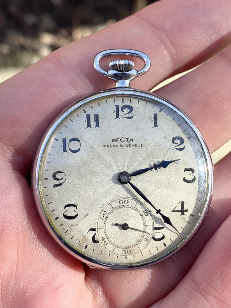 Recta Bienne &Geneve Vintage Pocket Watch BLUE JEWELS ! RARE! Works 23 Hours!