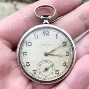 Invicta Silver 0.900 Antique Pocket Watch Art Deco Works Hours! Rare!