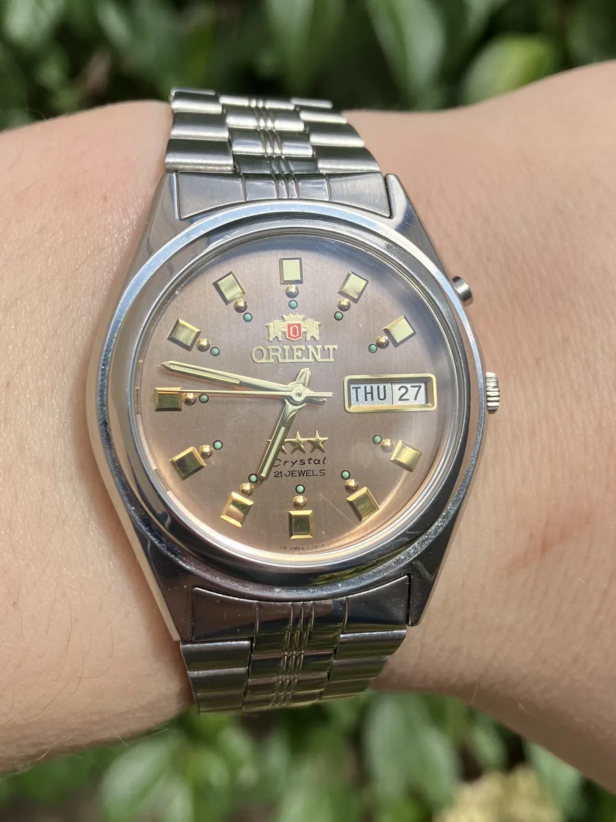 Watch ORIENT 3 STAR CRYSTAL, EM6Q-C1, Pink Dial, Stainless Steel, Extra Links, Gift Birthday, Day/Date, 21 Jewels, Automatic,Watch Working