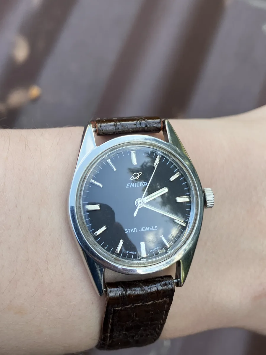 Watch ENICAR STAR JEWELS, Manual Winding, Swiss Made, Black Dial, Gift Birthday, Stainless Steel, Watch Men, Watch Working
