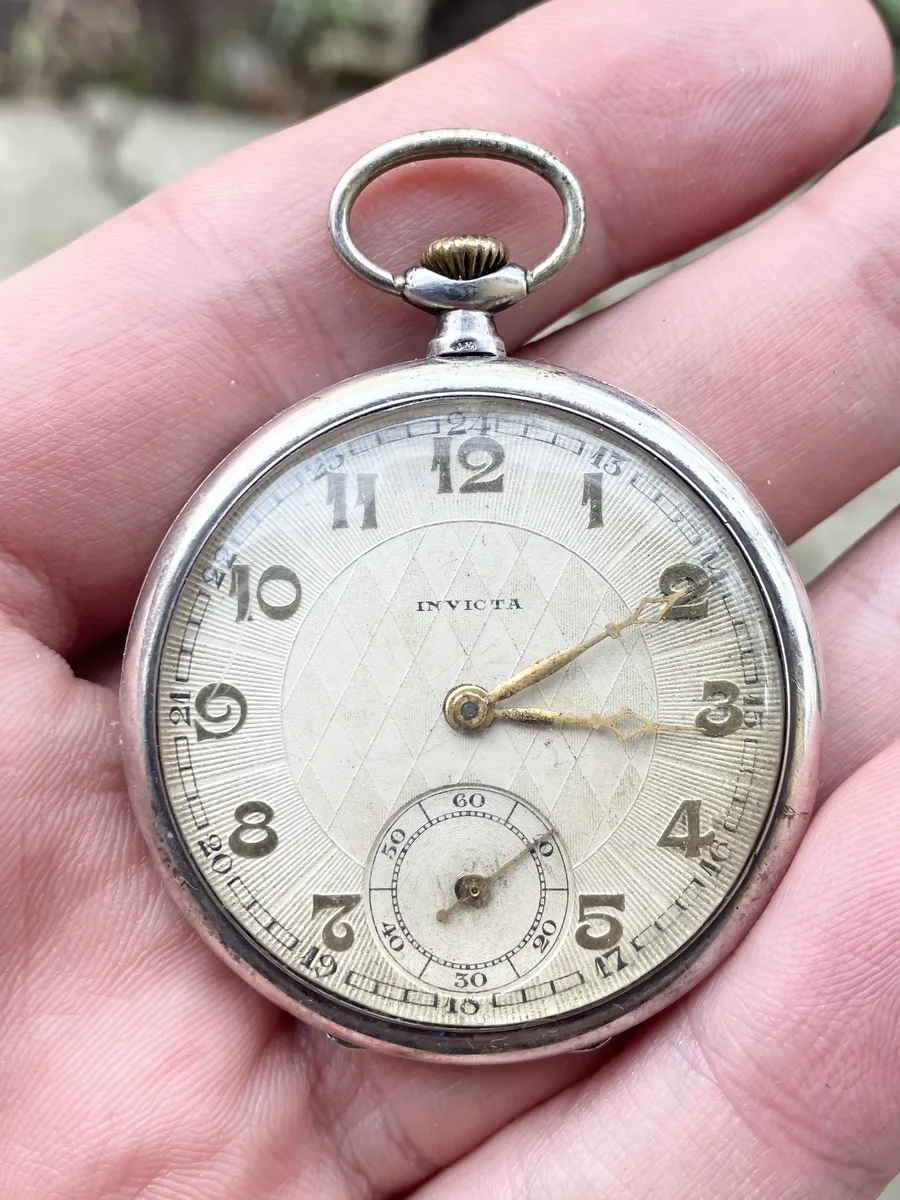 Invicta Silver 0.900 Antique Pocket Watch Art Deco Works Hours! Rare!