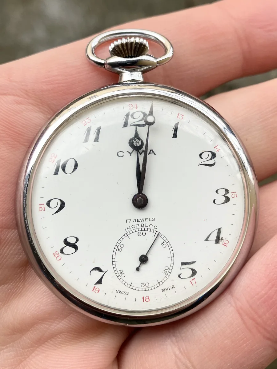 Cyma Vintage Pocket Watch 1970s 17 Jewels Swiss Made Works Good 45 Hours!