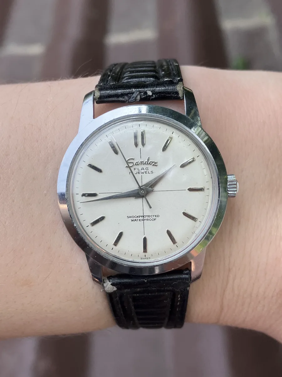 Sandoz Flag Shockprotected Waterproof Swiss 17 Jewels Vintage Men's Watch 1950S Works good 32 hours! RARE!